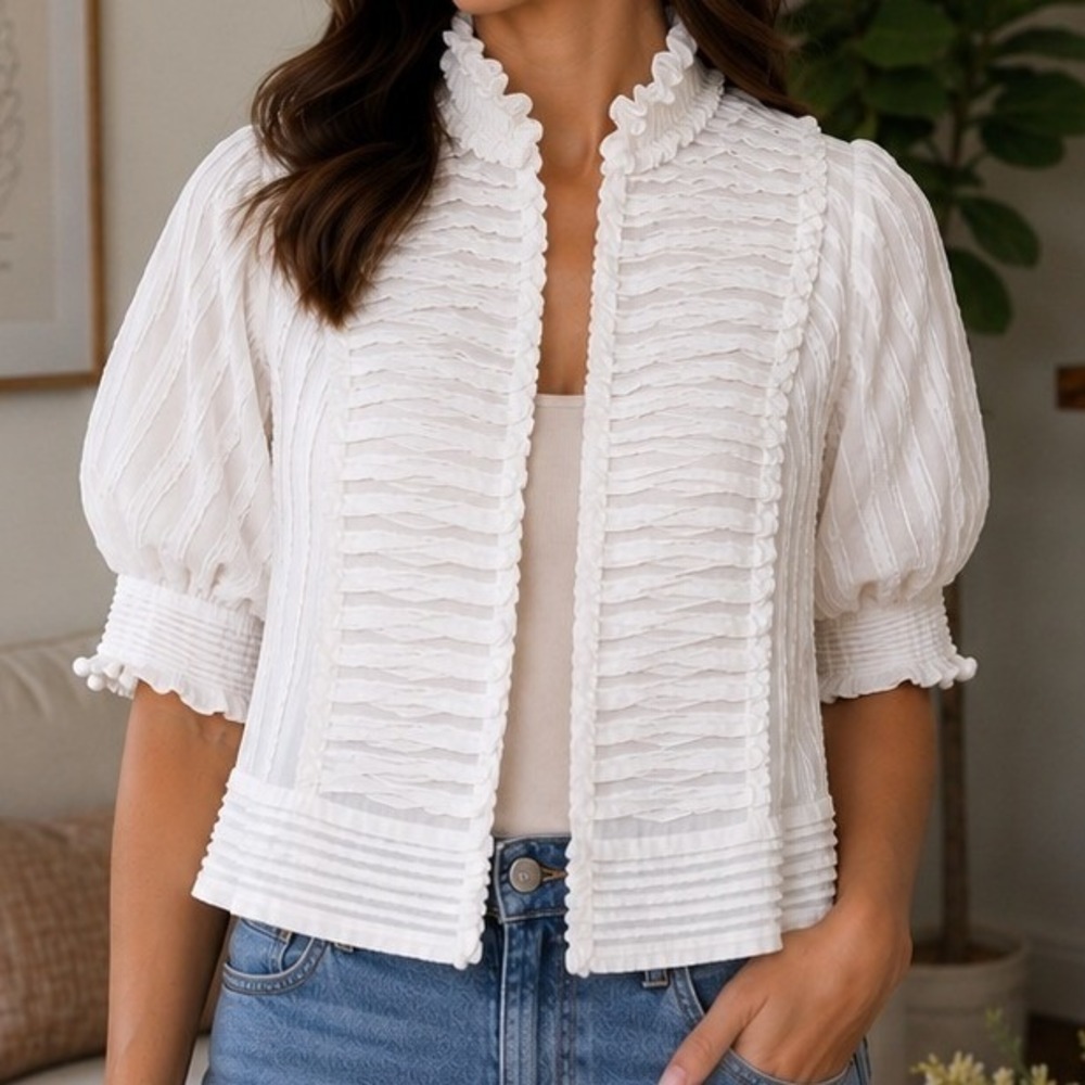 BCBG Max Azria White Pintuck Ruffle Jacket Size S Romantic Victorian Boho Cotton